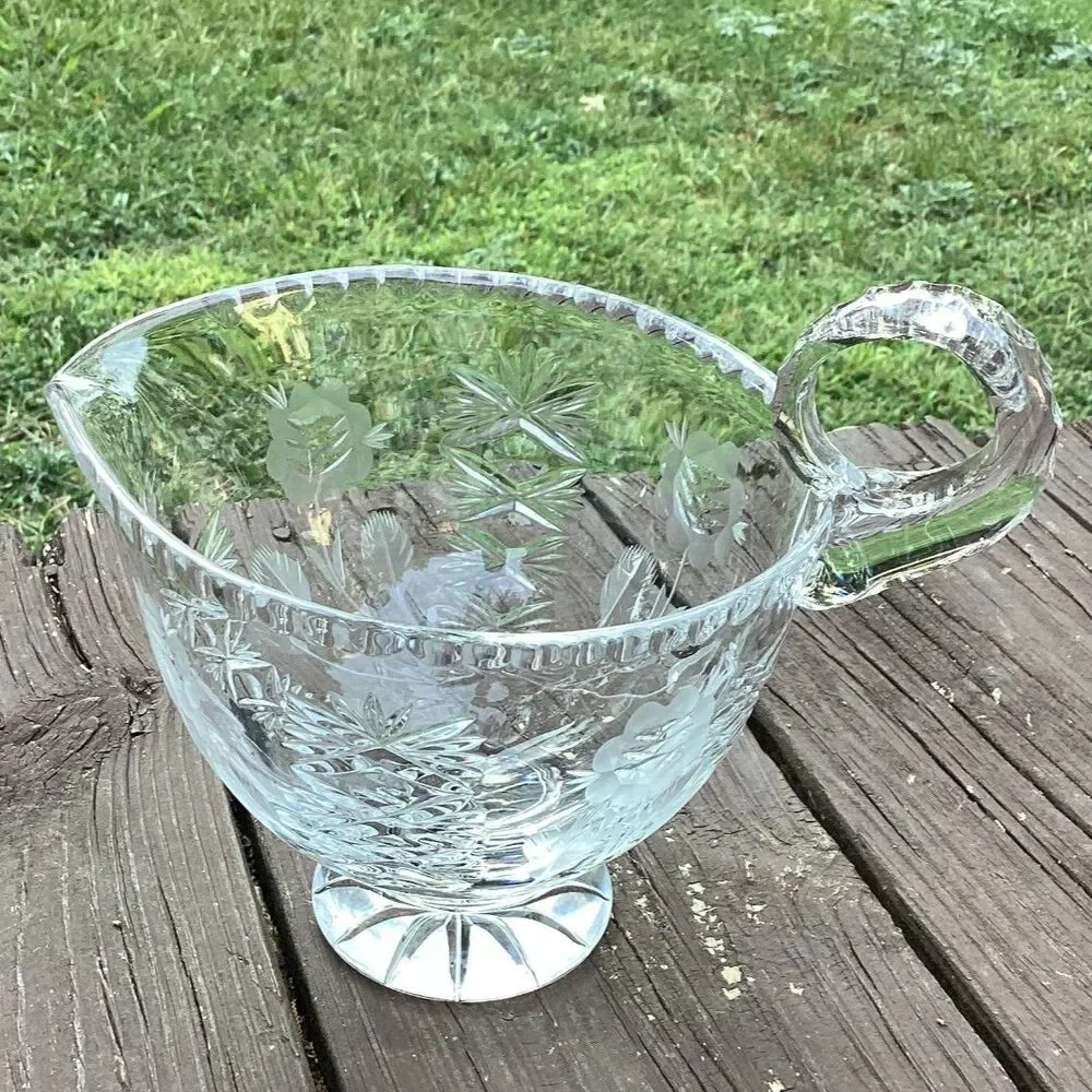 Vintage Crystal Glass Pitcher Creamer Etched‎ Floral Footed Handle HEAVY